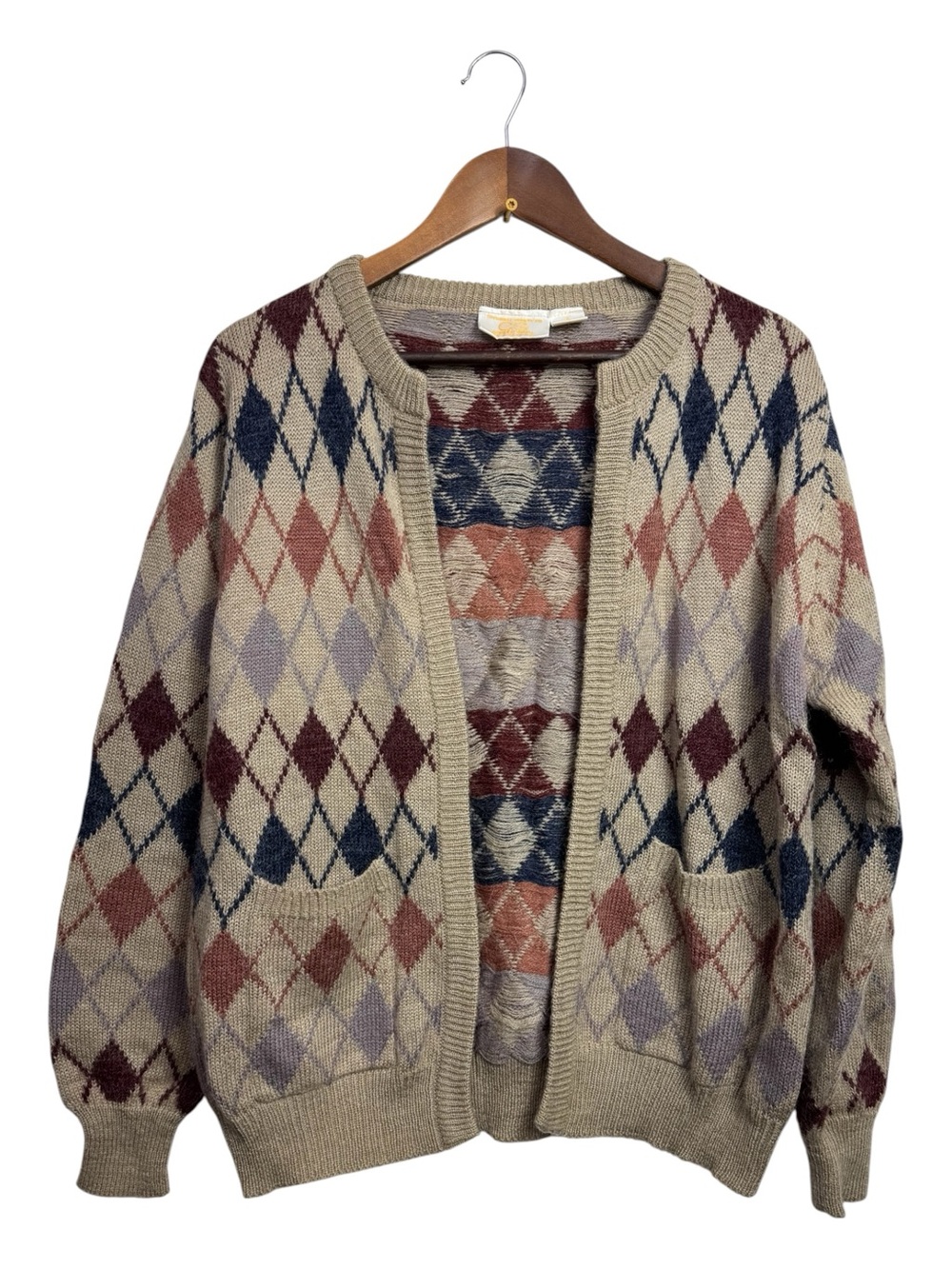Vintage Career Guild Open-Front Argyle Knit Cardigan Sweater - Beige Multi